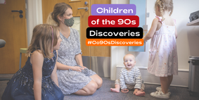 A smiling woman with a baby and two children - with text overlaid saying "Children of the 90s Discoveries"